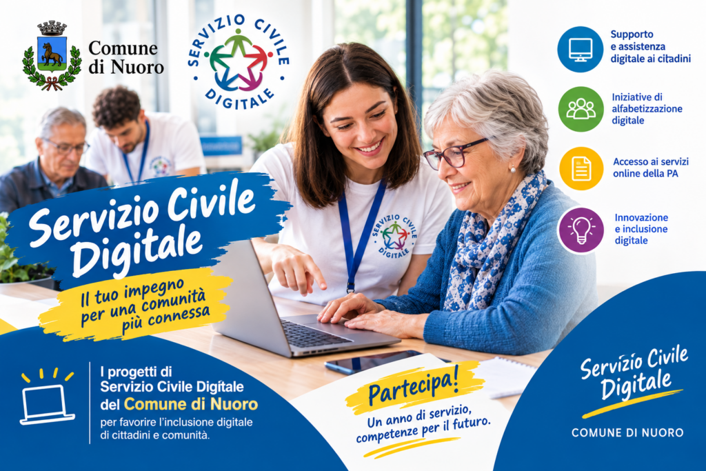 Bando per la selezione di operatori volontari da impiegare in progetti di Servizio Civile Digitale. 18 posti nelle sedi del Comune di Nuoro